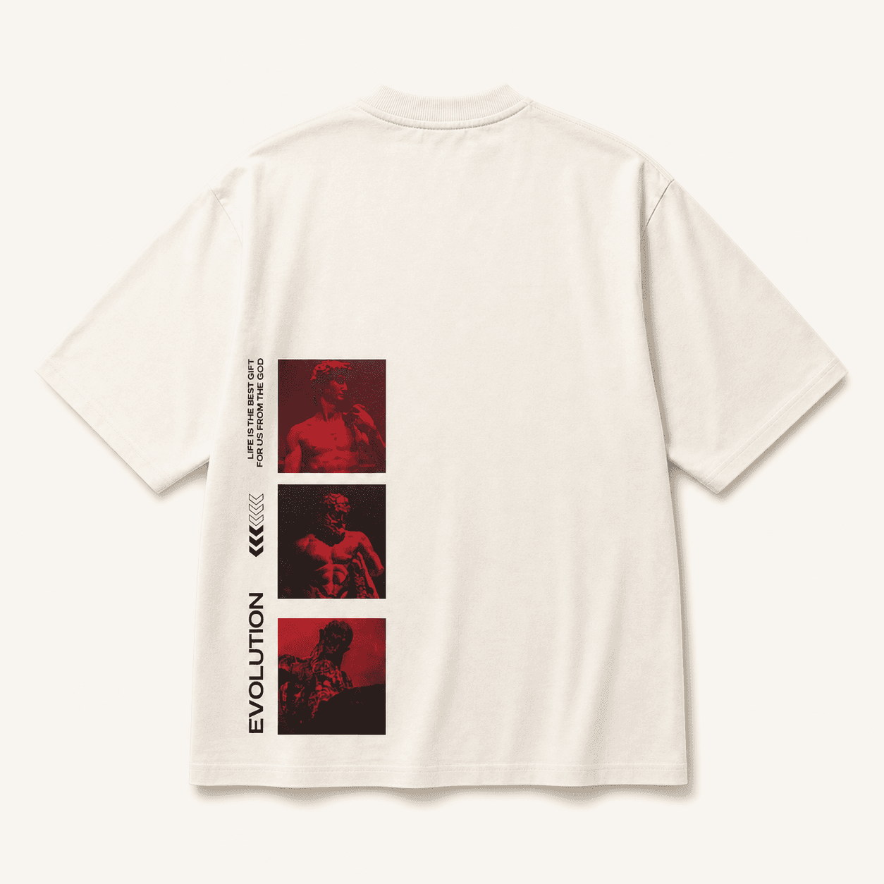 Back of the white Crimson Evolution oversized T-shirt showing the red graphic.