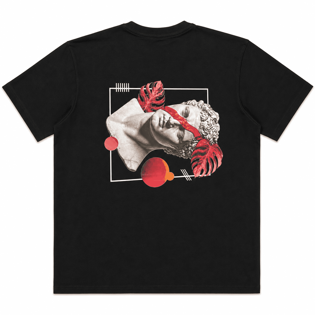 Back of the black Crimson Relic oversized T-shirt showing the red and white statue graphic.