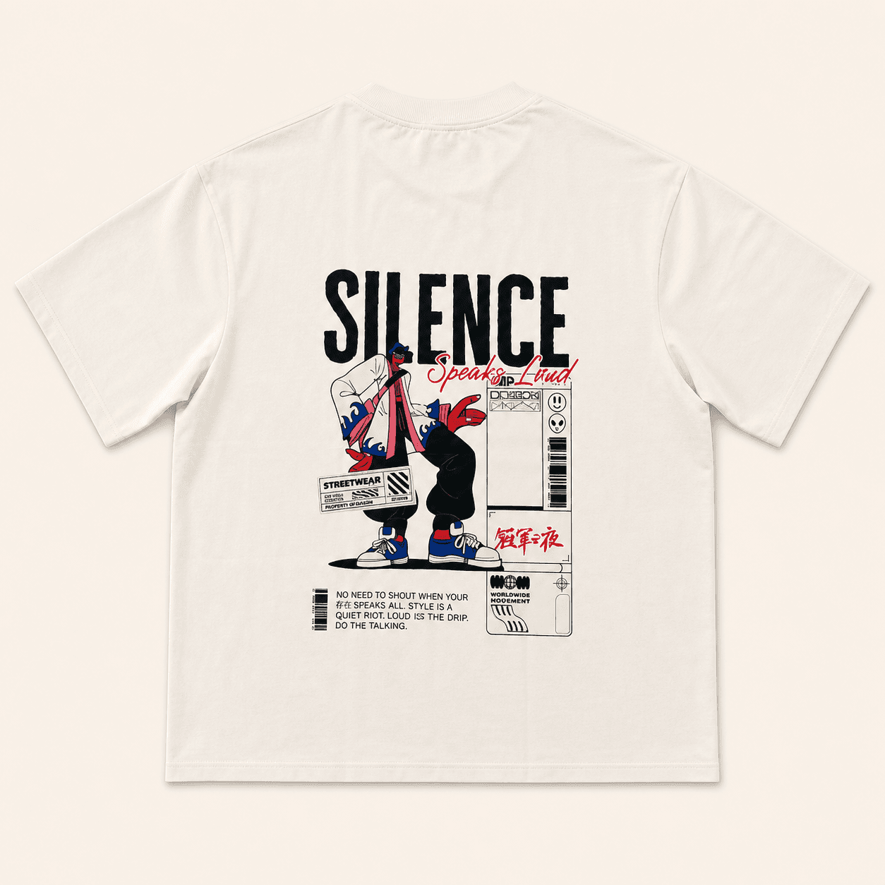 Back of the white Quite Rebellion oversized T-shirt with the Silence Speaks Loud illustrated graphic.