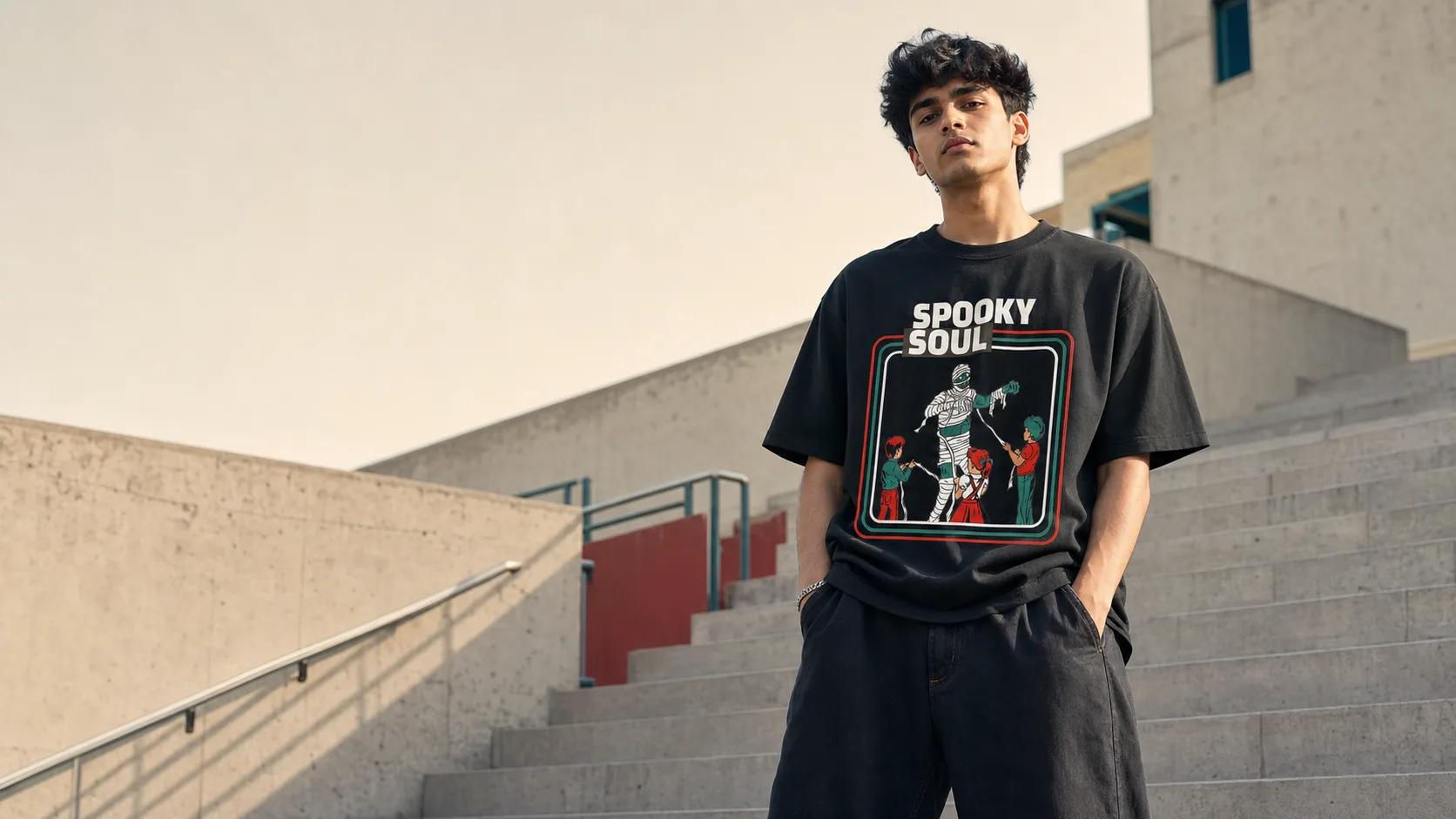 A young man in a graphic black T-shirt stands confidently on a concrete college campus.
