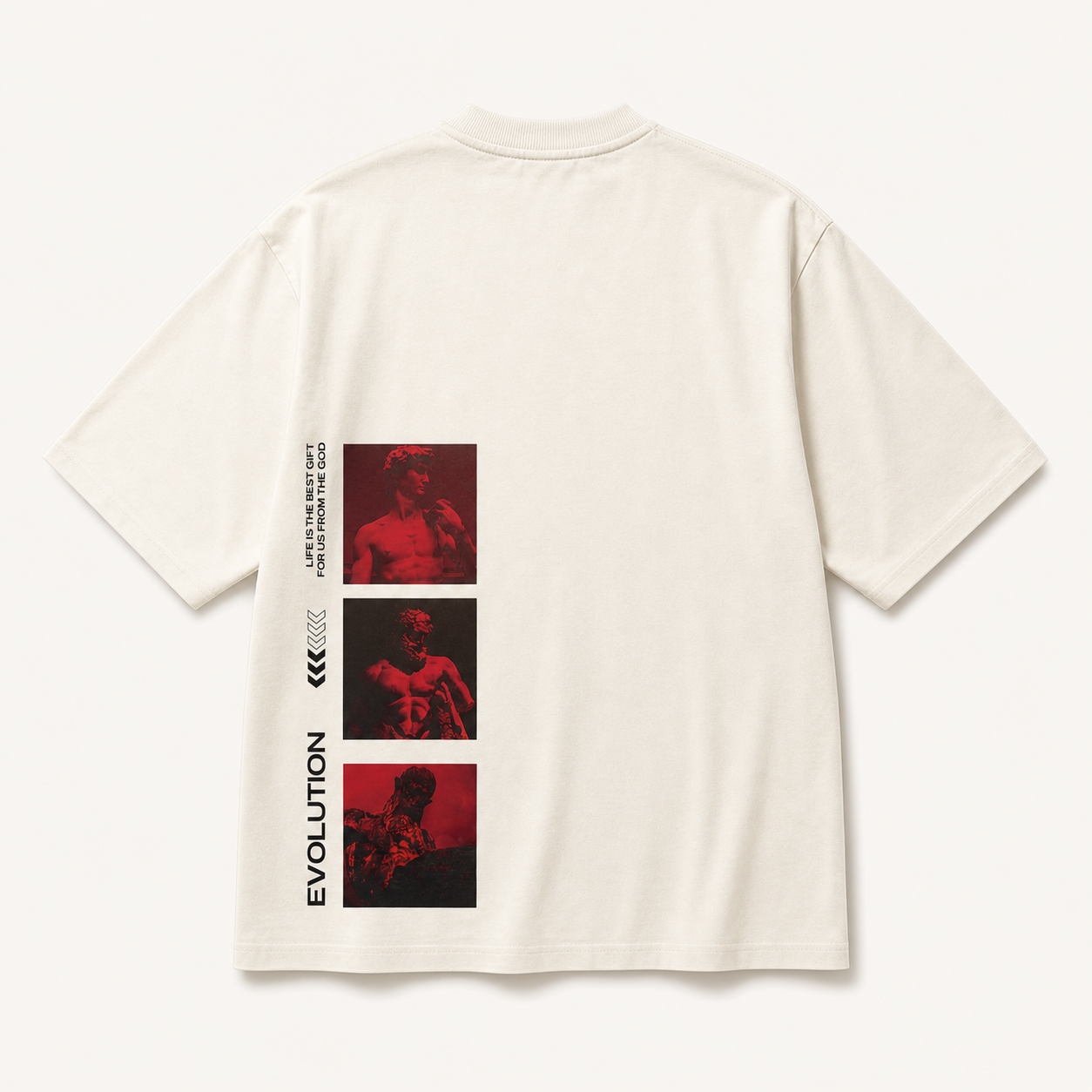 Back of the white Crimson Evolution oversized T-shirt showing the red graphic.