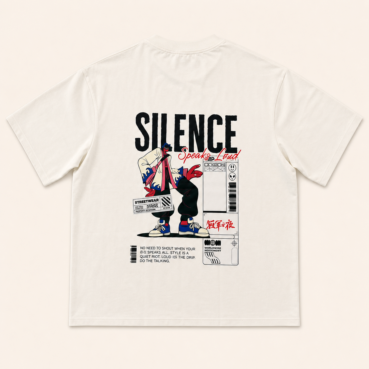 Back of the white Quite Rebellion oversized T-shirt with the Silence Speaks Loud illustrated graphic.